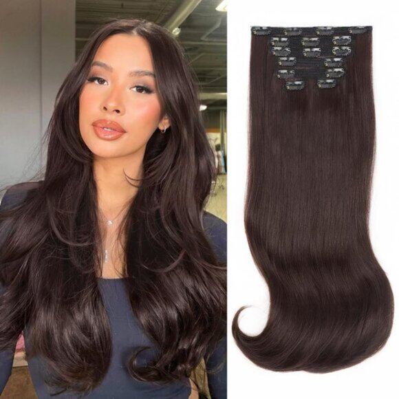 New 20 Inch Clip-in Hair Extensions, Dark Brown Thick Long Straight Lace Weft - Picture 1 of 9